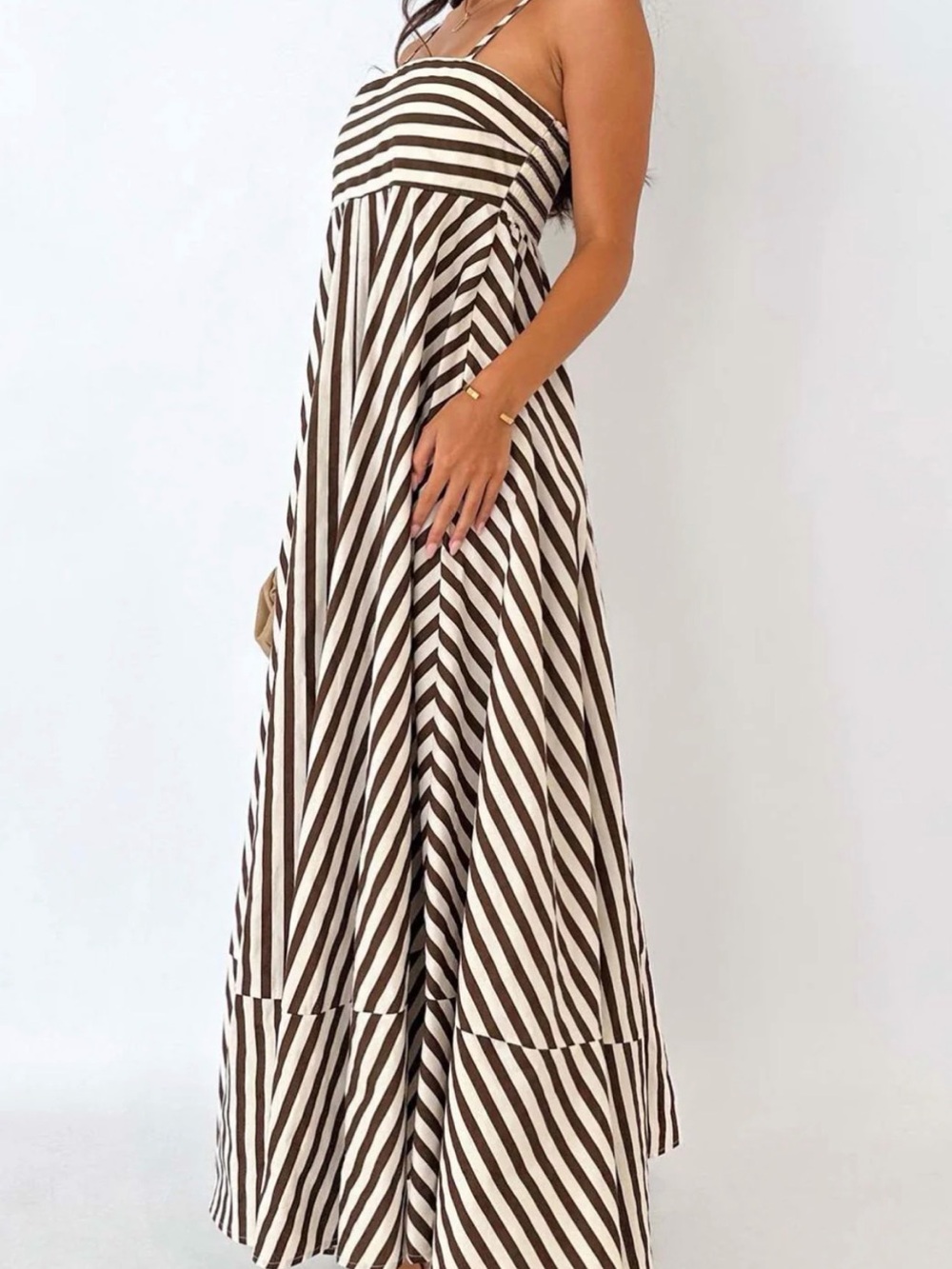 Striped Pleated Cami Long Dress .Pocket - Picture 5 of 10